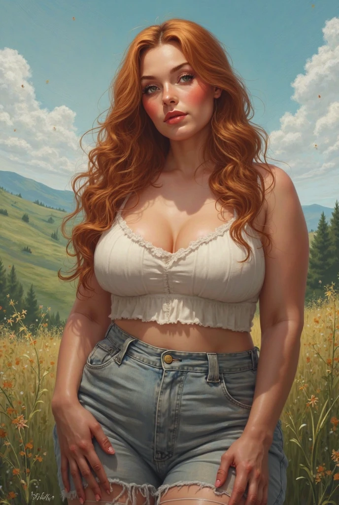 Curly long ginger hair, naked, lots of freckles, oily skin, perfect large breasts, ginger pubic hair, perfect pussy, smile, long grass meadow, golden hour