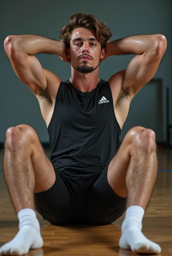sexy dilf white coach daddy soccer player squatting over the viewer, white socks, adidas socks, dirty socks, showing feet, dark features, beard, indoor lighting, hairy, proportionate body, sport calf high socks, man spread, male focus, squat, short hair, lean body, showing hairy gaping anus, beautiful detailed erect penis, brown hair, full body tattoos, toned body, his hands are behind his head, grey hair,