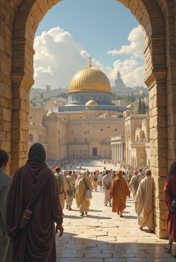 "A serene scene in Jerusalem featuring a group of Jews praying at the Western Wall on one side and Muslims praying at the Al-Aqsa Mosque on the other. The background highlights the ancient architecture of the Old City, with warm, golden sunlight casting a peaceful glow over the sacred sites. The image should emphasize the spiritual atmosphere and the historical significance of both religions in this shared holy space."