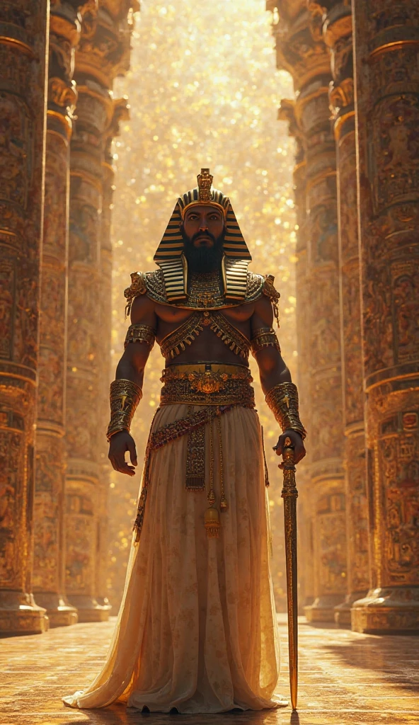 mohamed salah , face details, wearing like pharaonic king , siting in Pharaonic Egyptian throne , cinmatic lighting , looking into camera , High quality--q2