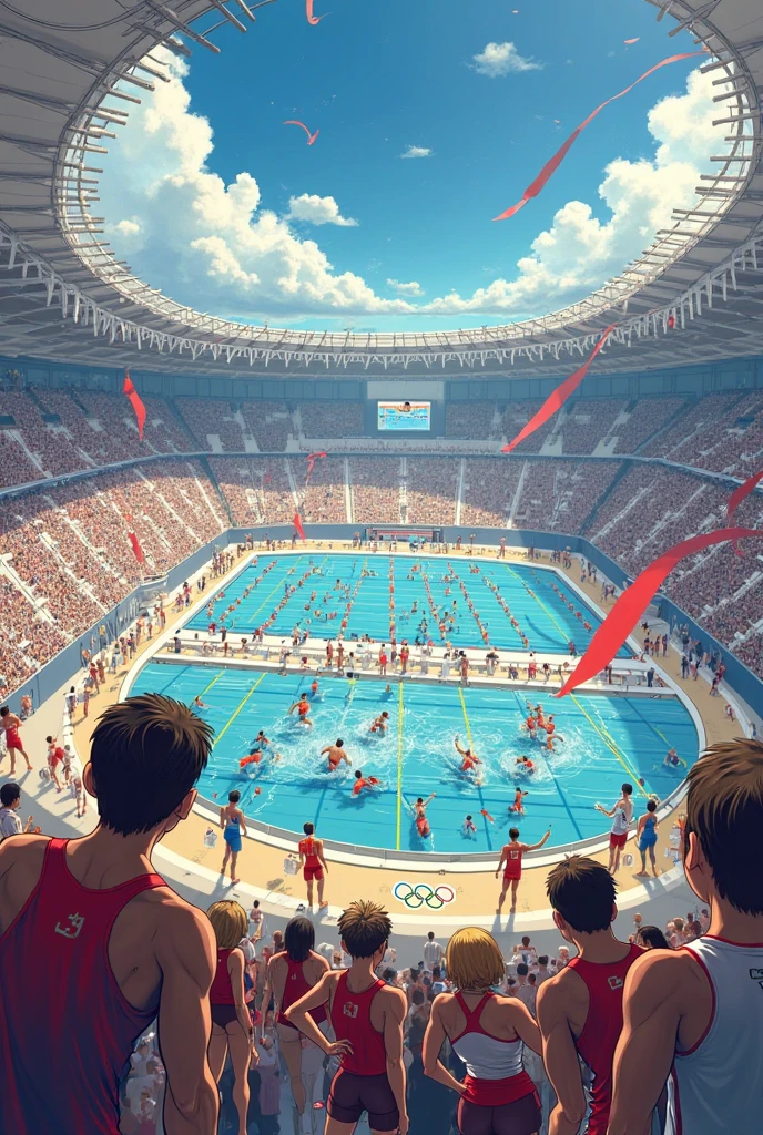 Highest quality、High resolution、Detailed Background、Beautiful face in every detail、Teenage beauty、Cute hair colors、Perfect body line、swimming、Olympic Stadium、The pool shines blue、The audience is filled with excitement、The sun is shining high、Elite athletes、Tone muscles、The swimmers line up at the edge of the pool waiting for the starting signal.、The players jump in together、Water splashes and swimmers swing their arms and kick their legs vigorously.、The water battle has begun、Healthy Beauty