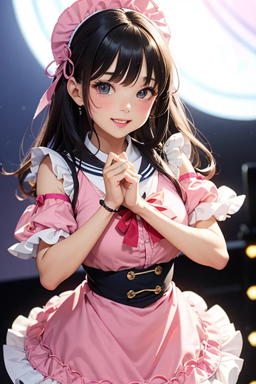 (Best Quality,4K,High resolution:1.2), Ultra-detailed, Realistic portrait, Best Quality, (outside japanese high school), (passionate scene),one very young looking high school girl, (intense emotion), (carp), (kiss:1.1), , (open eyes),(innocent look), student clothes, long black hair with bows and ribbons、Mini Pleated Skirt、(Stockings), standing, (very big breasts), lingerie, pigtails, thin tiny waist, black and pink marching band uniform with bow, having fun, small body, big brown eyes cute face, (full body, perfect long legs, looking up staring into camera, far away), (muscular lean abs, tight cropped blouse)