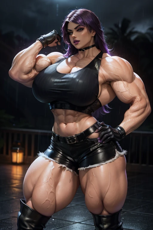 ((Close-up)), tall, (violet purple hair) beautiful muscular woman, long hair with long bangs, pale white skinned, closed smile, large breast, (black lipstick), (massive muscles), (hyper muscle), ((ginormous bulky muscles)), black eyes, ((violet pro wrestler suit embroidered with intricate designs)), (flexing), choker, boots, in a locker room at night