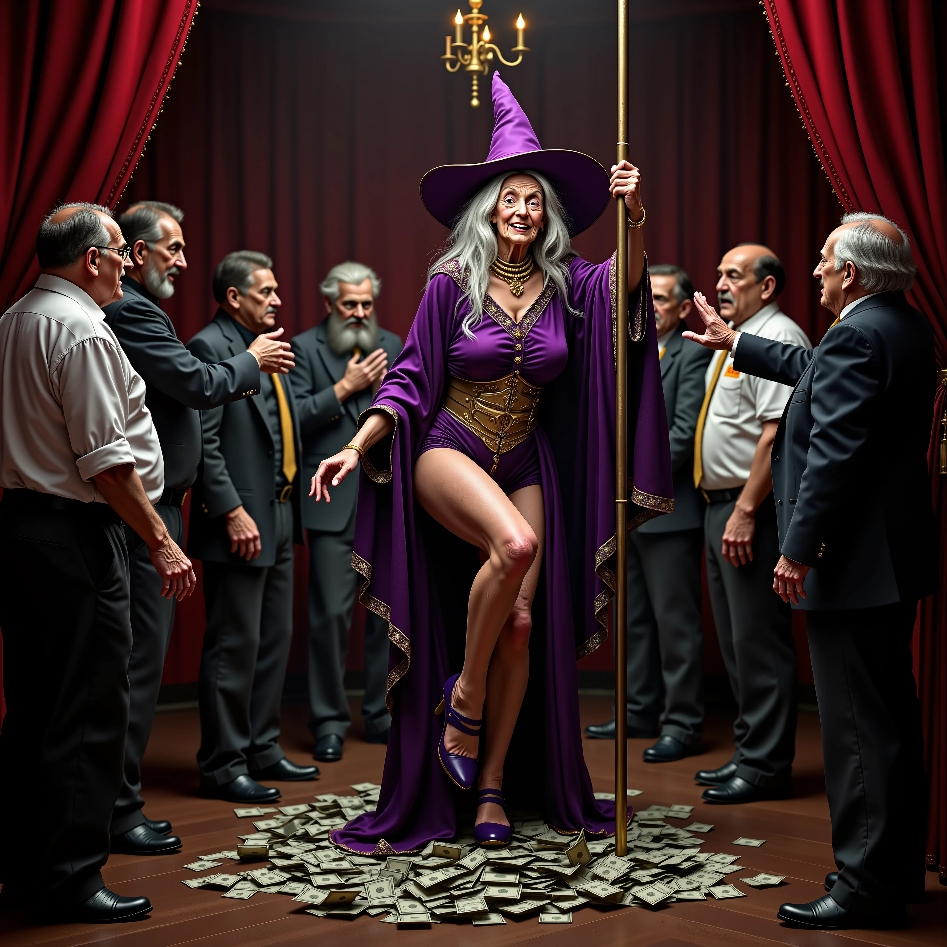 ultra-realistic image of a old female Mage in a gentleman's club on a stage dancing on a stripper pole wearing a old mage hat and mage robe in purple with gold accents, she is showing her leg with a garter stuffed full of money, men around stage throwing money at her in disgust and saying no with there hands, money all over the ground, 8k, hi detail, masterpiece, sharp focus
