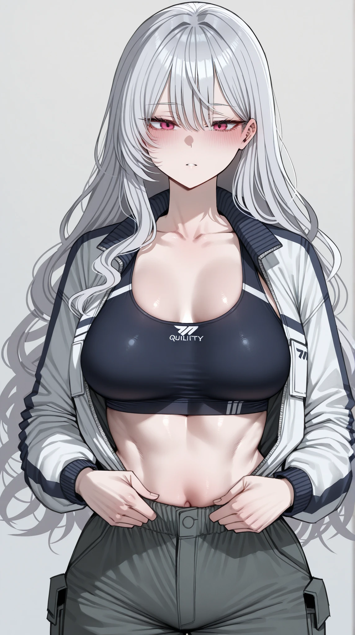 1girl, (huge breasts), (((abs, narrow waist, obliques))), white hair, long hair, bangs, blue eyes, ((black hoodie), long sleeves, pants), smiling, outdoor, street