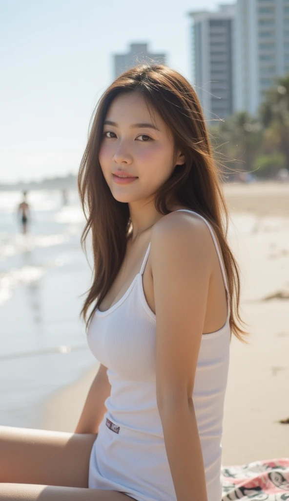 ((Highest quality、masterpiece:1.3))、Sharp focus:1.2、(Realistic、Realistic:1.37)、Perfectly beautiful Japanese woman、Highly detailed face and skin texture、Beautiful eyes and double eyelids、Round face、A small smile、Shortcuts、Small breasts、Small Necklace、white cotton sleeveless、Shorts、Lesbians all over、Sunset over the sea、Beach Sunset、Summer sunset clouds、