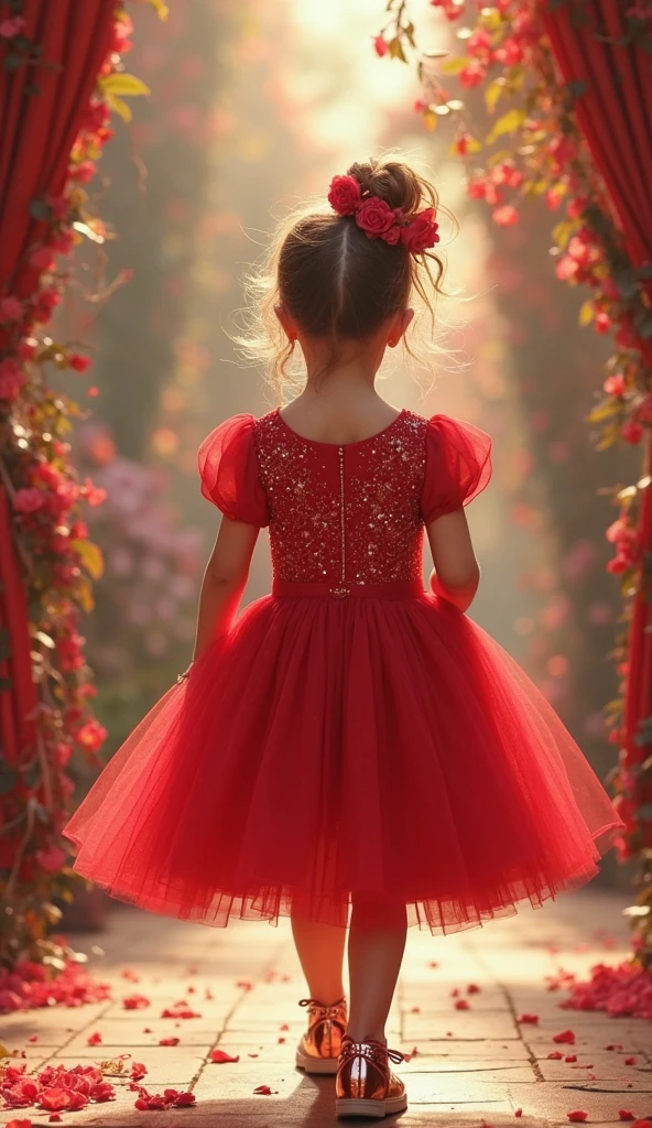 CHILD girl, in a red dress with a big red bow, a red bow in her hair, red bow in her hair, thick bow, red hair band, bows, wearing hair bow, red headband, red ribbon, holding a bow, ornamental bow, hair bow, wearing pink hair bow, bow, toy commercial photo, Girl wears a red dress, loli