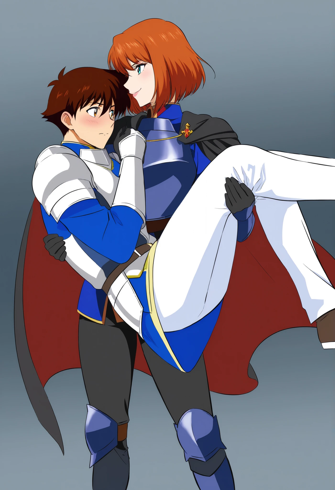 1girl, milarity Royal female armour,cape, pants ,knight,prince carry,1boy, bridal style, female carrying male, role reversal, gender role swap , assertive FL x Submissive ML , assertive knight woman anime colouring ،