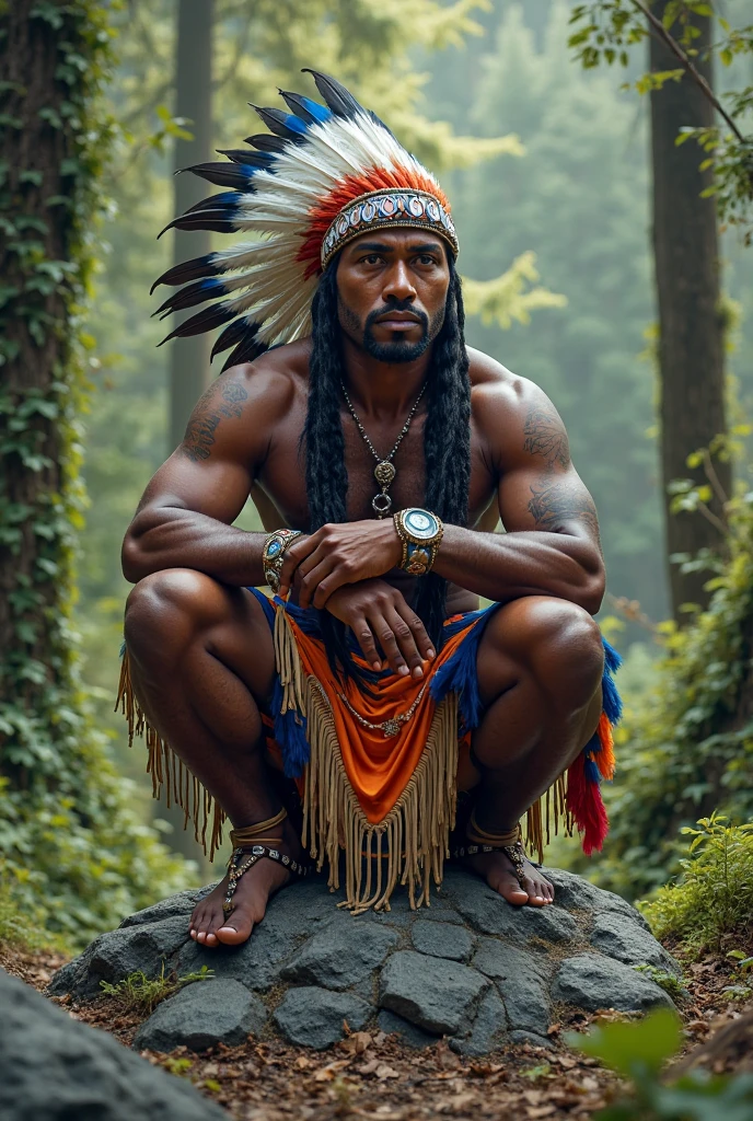 an indigenous, shirtless, standing in the canoe at night