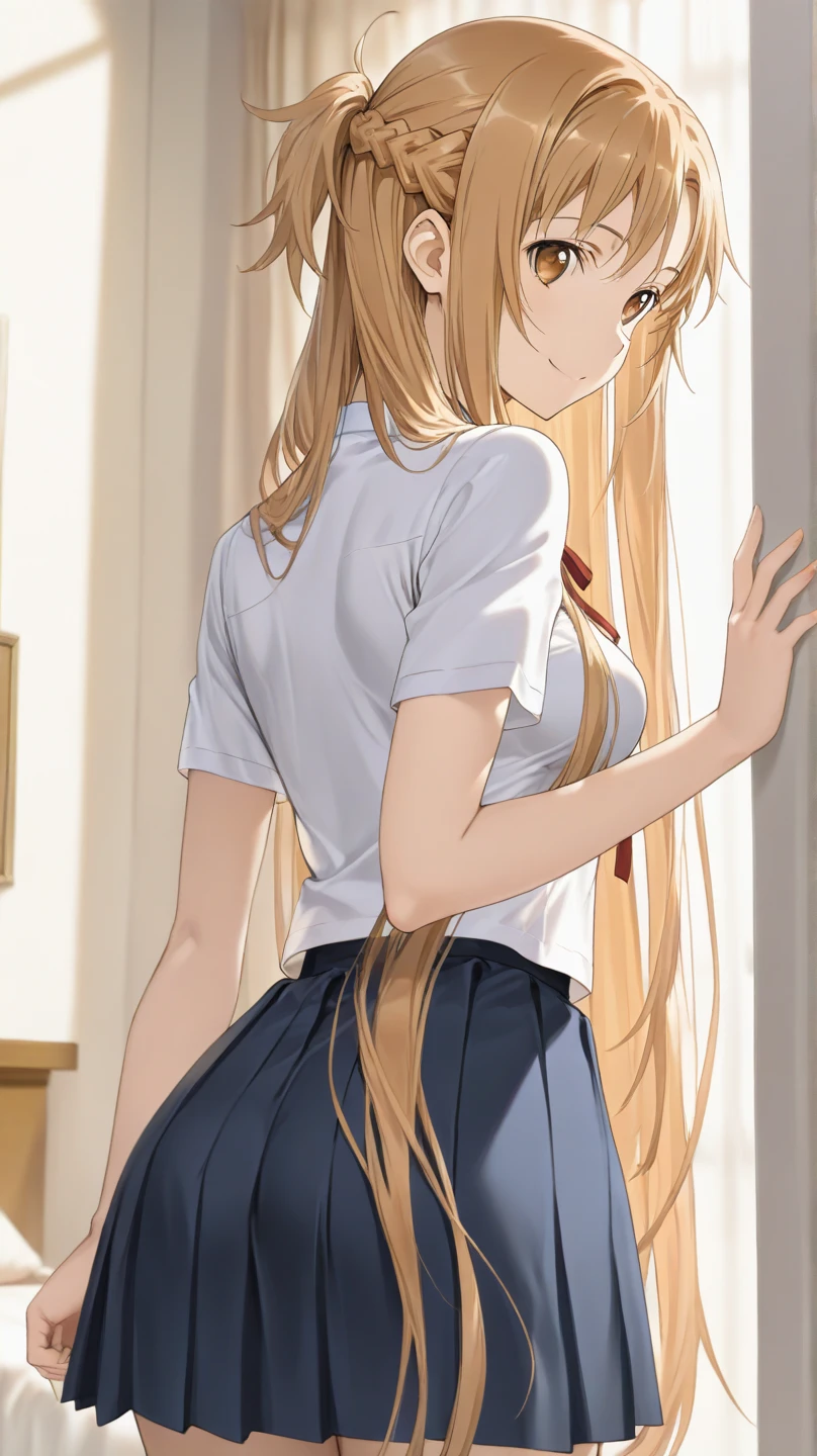 golden hair、(gold eye degree:1.5)、one side up、ヘアribbon、ribbon、length、break the blazer、blue skirt、pleated skirt、school uniform、summer clothes、break (masterpiece:1.2)、highest quality、High resolution、unity 8k wallpaper、(enlightenment:0.8)、(beautiful and fine eyes:1.6)、highly detailed face、perfect lighting、Detailed CG、 (perfect hands、perfect ???????)、look at the audience、blush、laughter、take a selfie in front of the mirror、standing front of mirror、I have a smartphone in one hand、 (exterior々patterned panties:1.3)、(skirt that rolls up:1.3)、(fully exposed panties:1.5),(please show me your butt:1.3)