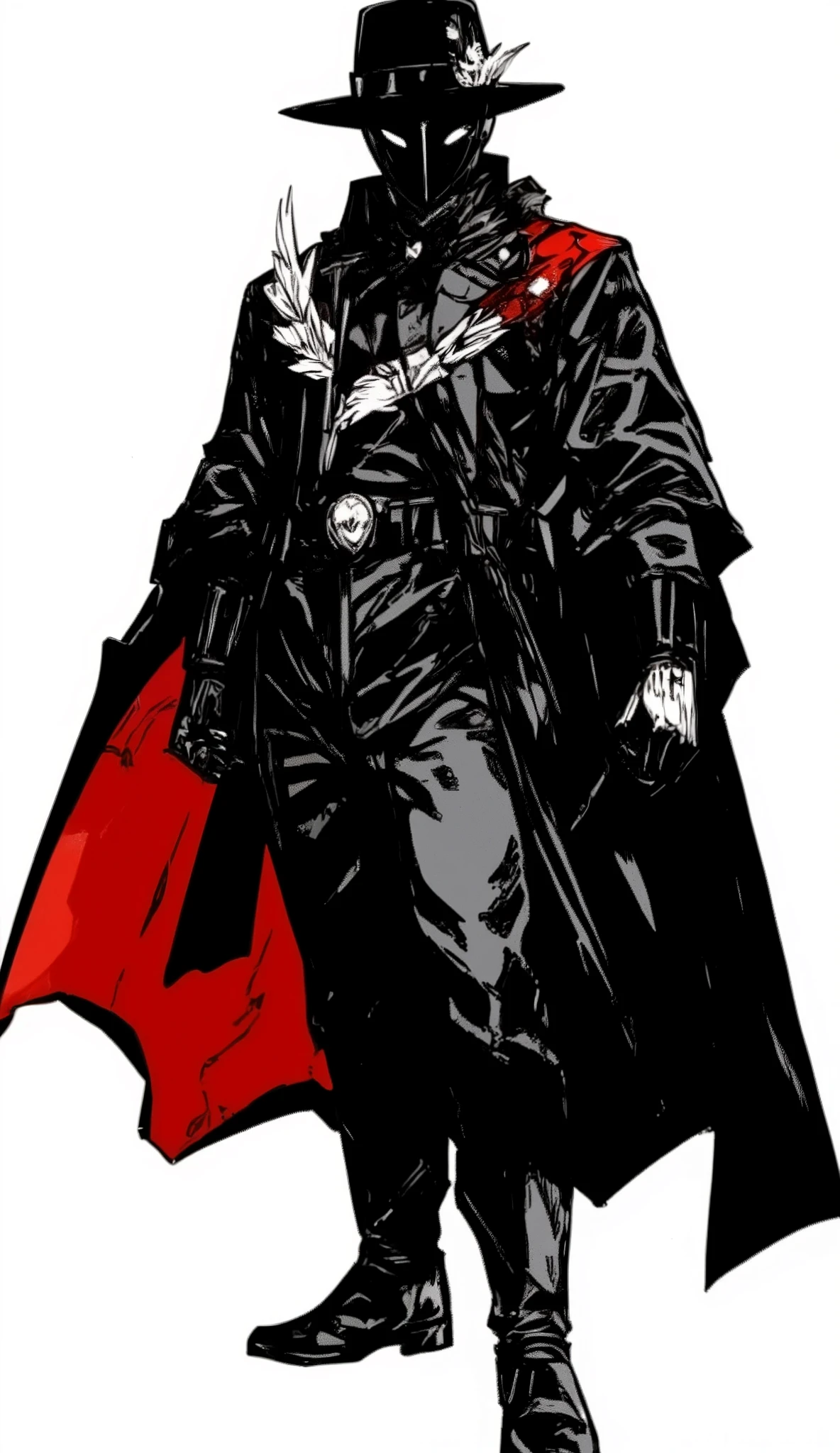 Manga character full body:

dark ranger-style helmet, completely smooth, without a mouth or visible eyes, but with a black mirrored surface, as liquid obsidian.

The visor has a thin line luminous in the shape of an inverted “V” that lights up according to the tone of your voice.

It reflects to those who look at it, distorting their face as a “broken version of themselves”.


completely real fedora hat, placed on the helmet, x} but it seems to consist of a design:

Wide wing, of intense black felt.

The side feather changes color slowly (white → red → black).

Never falls, even in explosions or extreme movements.



> The helmet and hat should not work together, but they do it... as if the world allowed it out of respect.




---

🧥 Traje / uniform

Long asymmetrically cut trench coat, black like pitch, figure with bright wine red interior.

The left side of the chest has a watch symbol inverted sand, as if time were going backwards.

He does not wear military shoulder pads, but their posture is so rigid that it requires absolute respect.


Arms and gloves covered with a pattern of broken white lines, like fractures in porcelain.

Invisible buttons: fastens only, seamless. It looks like an impossible to sew.



---

👖 Pantalones y botas

Pantalones lisos, blacks, without visible pockets, as if they were part of the body.

Dark patent leather boots, they reflect like mirrors... but they always deform the silhouettes.

The sound of their footsteps doesn't fit the surface (they sound as if they were on marble, even on the ground).