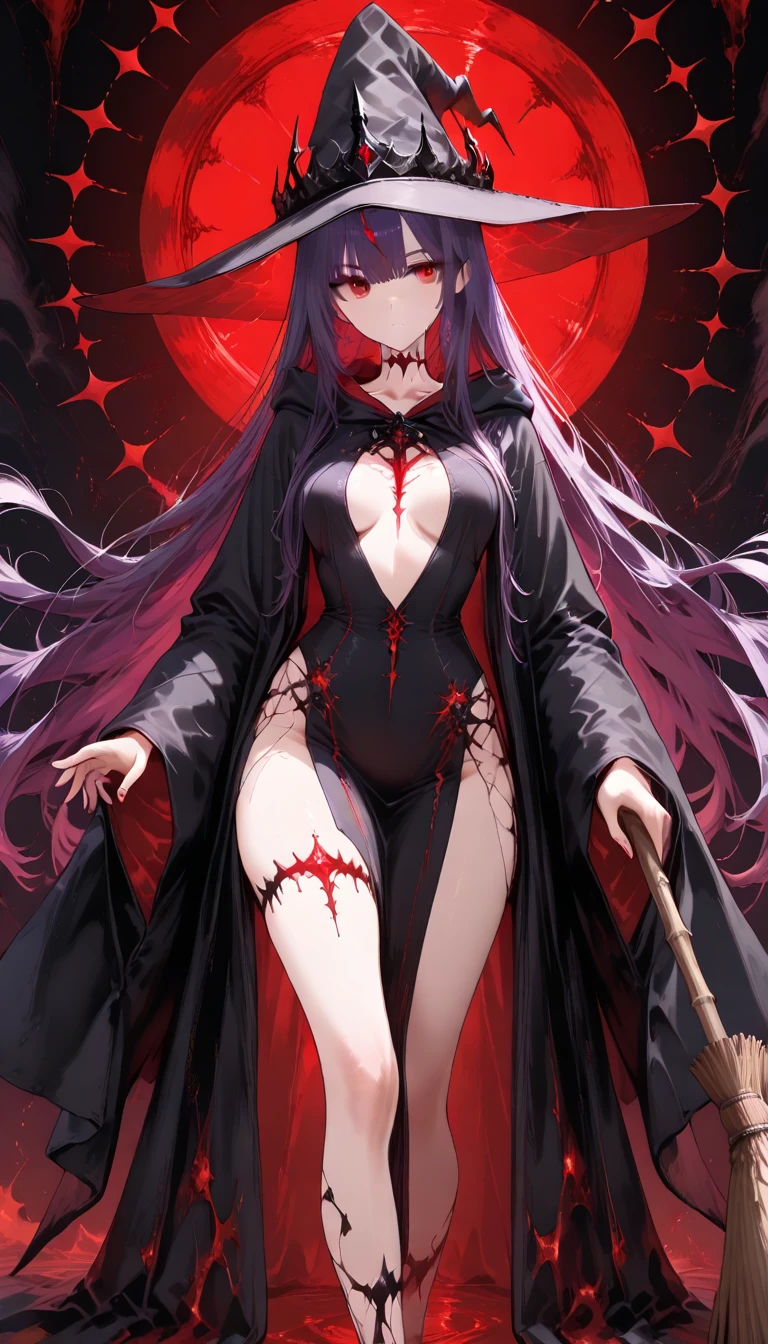 Adult Anime Woman Style, an exquisitely detailed masterpiece with a woman adorned in the likeness of an anime character. She showcases clear-feet and cascading hair of both black and crimson hues, with captivating purple eyes that sparkle like gemstones. A crescent moon symbol graces her left breast, adding an enigmatic allure to her appearance.
Dressed in a dramatic black dress, the upper part of her attire features a long-sleeved coat with bold red accents, while the lower part transforms into a flowing skirt with a captivating tail. In her right hand, she wields a sword with a