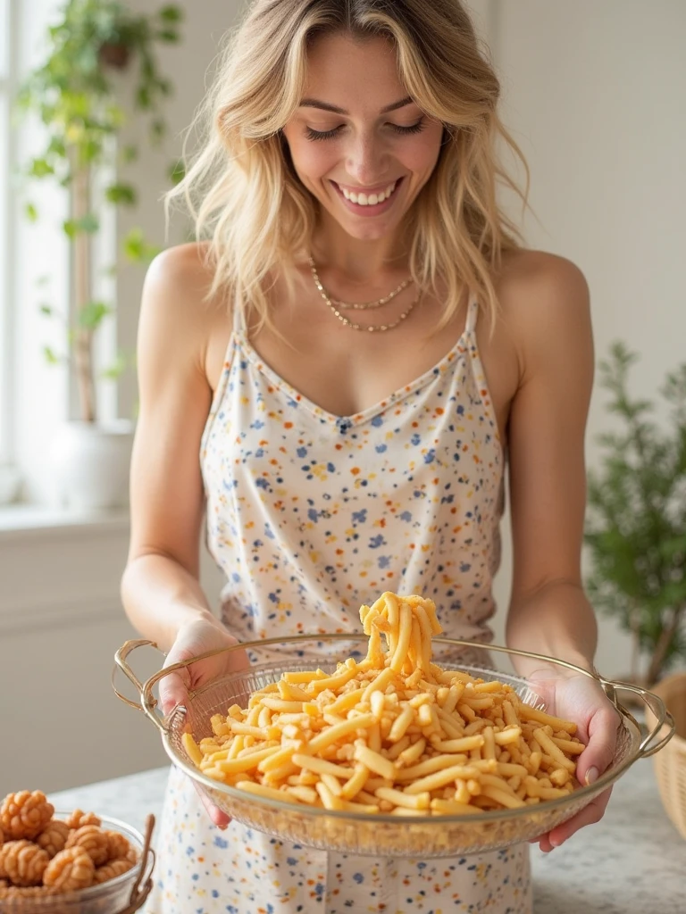 Blonde girl with dyed blond hair eats scrambled eggs with a slight smile, Short skirt, shirt, bare shoulders