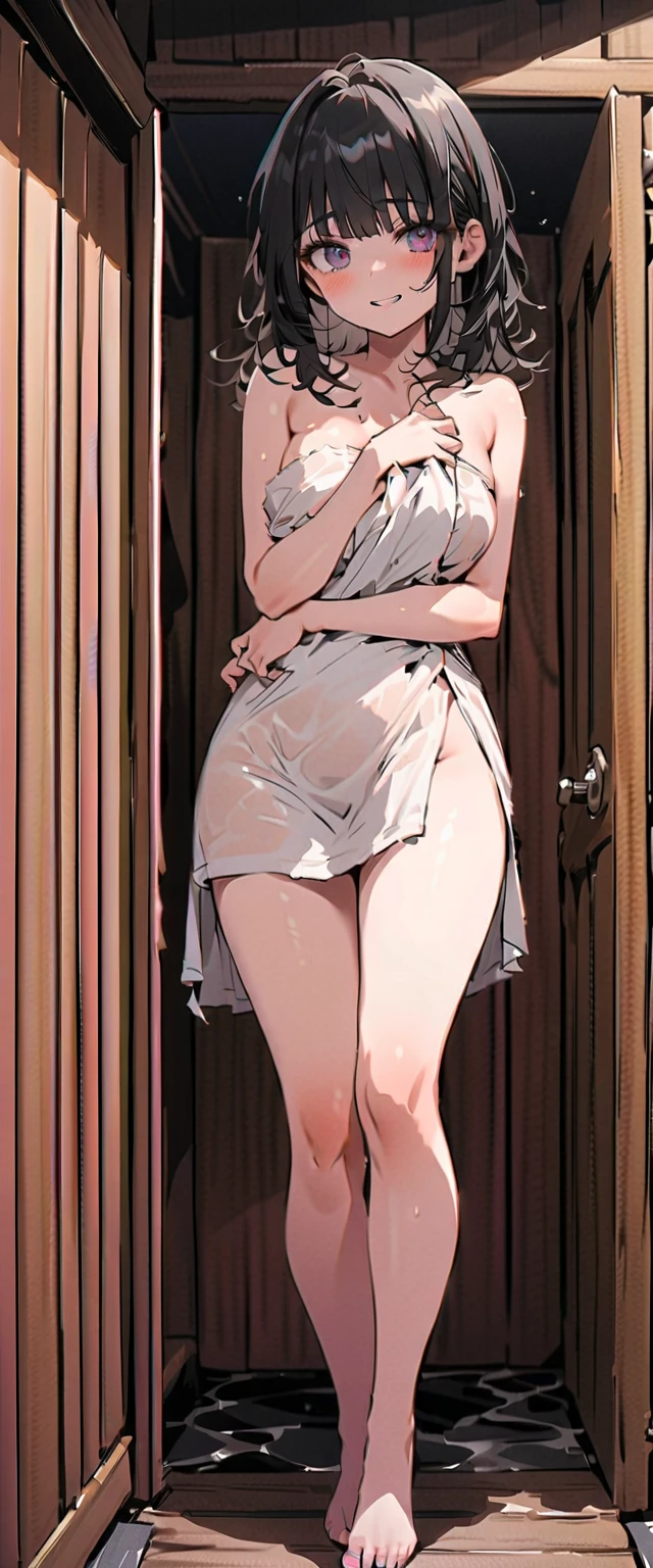 (Ultra Real), (Illustration), (High Resolution), (8K), (Very Detailed), (Best Illustration), (Beautiful Detailed Eyes), (Best Quality), (Super Detailed), (Masterpiece), (Wallpaper), (Detailed Face), Solo, (Dynamic Pose), One Girl, White Wavy Hair on the Boulevard, Losing Clothes, Japan Person, Iris Colored Eyes, (((Very Thin, Small and Short Night Dress)), Medium breasts, long legs, best ride of legs, wide waist, (without panties), (without bra)