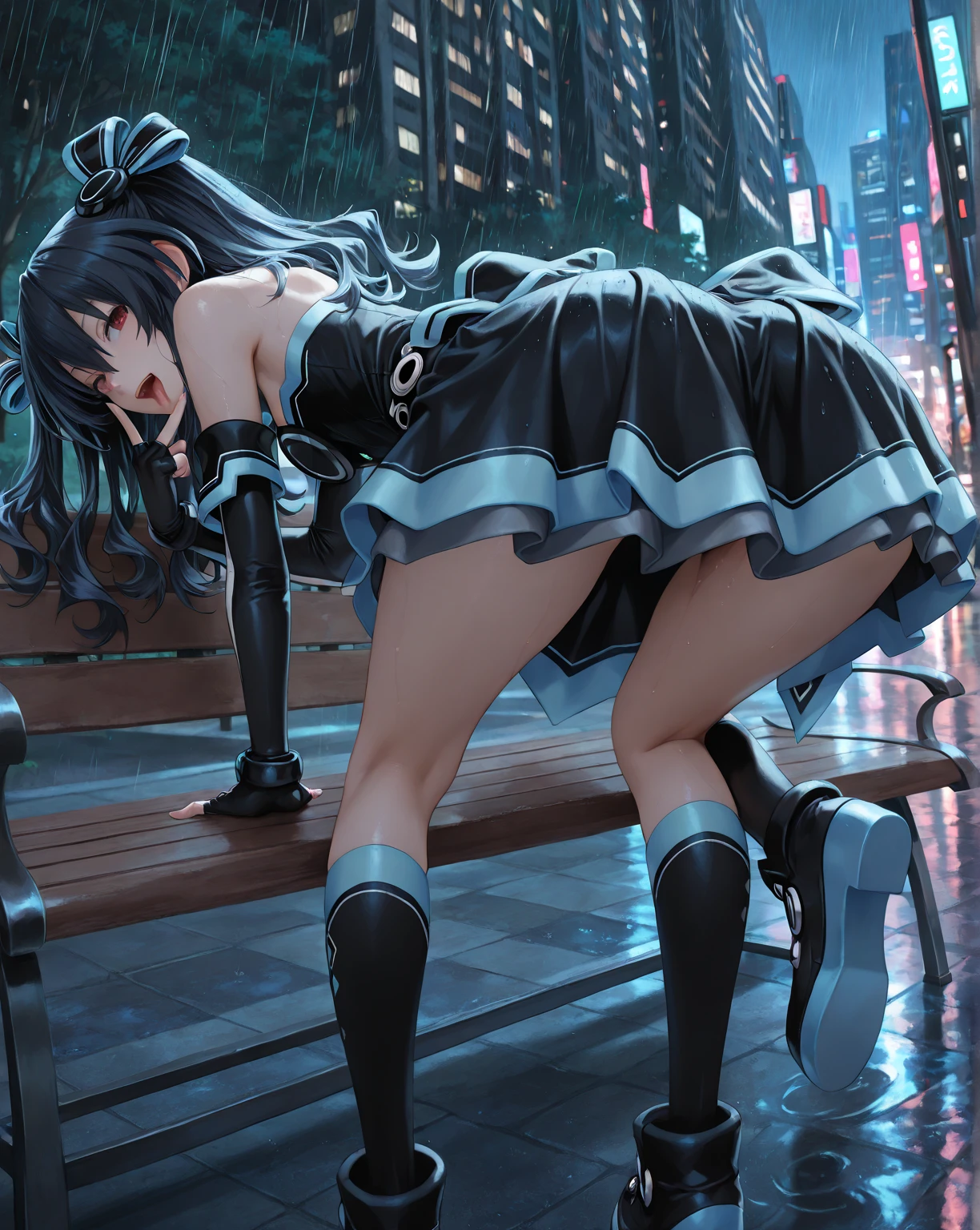 masterpiece, 最high quality, High resolution, Final Fantasy 7、Tifa Lockhart、Black torn clothes 、Black ripped pantyhose、Dark church at night、sexy、Wearing a mini skirt、Thin legs、Big Breasts、Slim figure、high quality CG Tone、Torn black panties、Defeat scene、Losing to a woman、Fall forward to the floor、Surrounded by women、Shabby、Face down