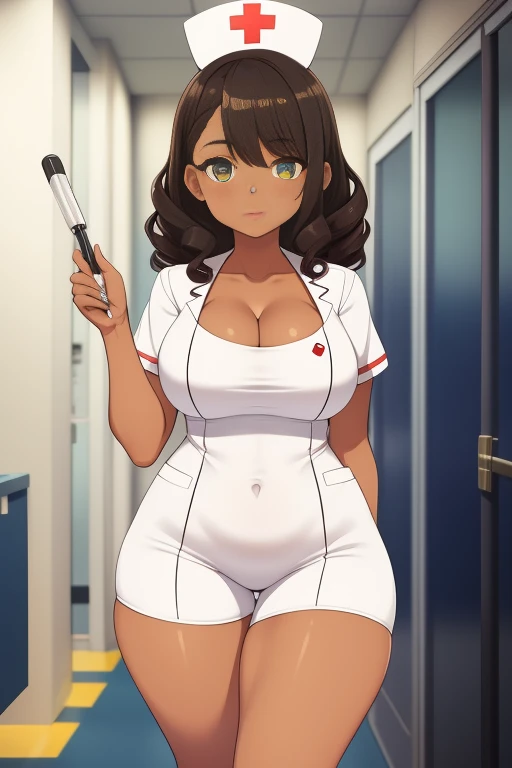 beautiful Latina nurse in an exaggeratedly fitted, violet uniform, the neckline of the uniform reveals her breasts; her nipples protrude from her uniform; The uniform is fitted and shows off her beautiful, curvy hips; The tightness of the uniform reveals her juicy vulva; She has lipstick painted lipstick, light makeup on her cheekbones, dark brown, curly hair; she moves her hip flirtatiously while one of the patients fucks her ass; wonderful details on her eyelashes; her in doggy position in the hospital laundry; She has an extremely sensual figure, explicit sexual expressions, seductive and provocative look