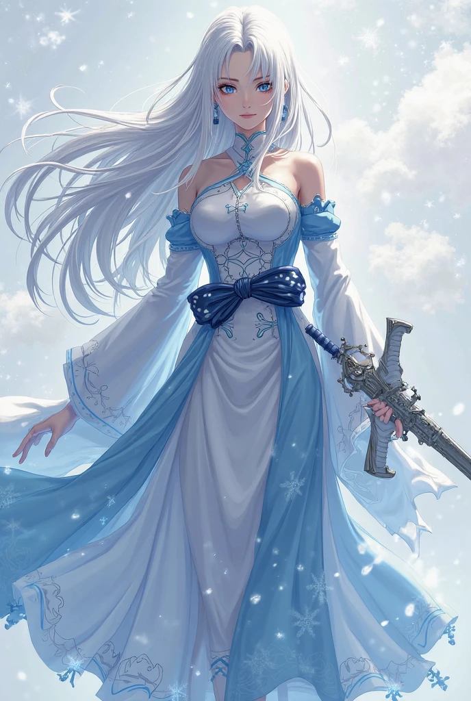 slender and graceful female anime character with an ethereal, otherworldly beauty, her skin is pale and smooth, with an almost porcelain-like quality, her long flowing hair cascades down her back, a mix of silvery white and soft blue hues that shimmer in the light, often depicted in intricate braids or loose waves, her eyes are a striking shade of icy blue, deep and mysterious, often giving off a gentle, yet enigmatic, glow, she is adorned in elegant, traditional robes that blend modern and ancient designs, featuring soft pastel colors with floral patterns, accentuated by delicate gold embroidery, her attire includes flowing sleeves and a high collar, adding to her regal and serene appearance, she wields a icy sword weapon, which is often glowing with a faint light, symbolizing her connection to powerful, arcane forces, her presence is calm and composed, exuding an aura of wisdom and quiet strength