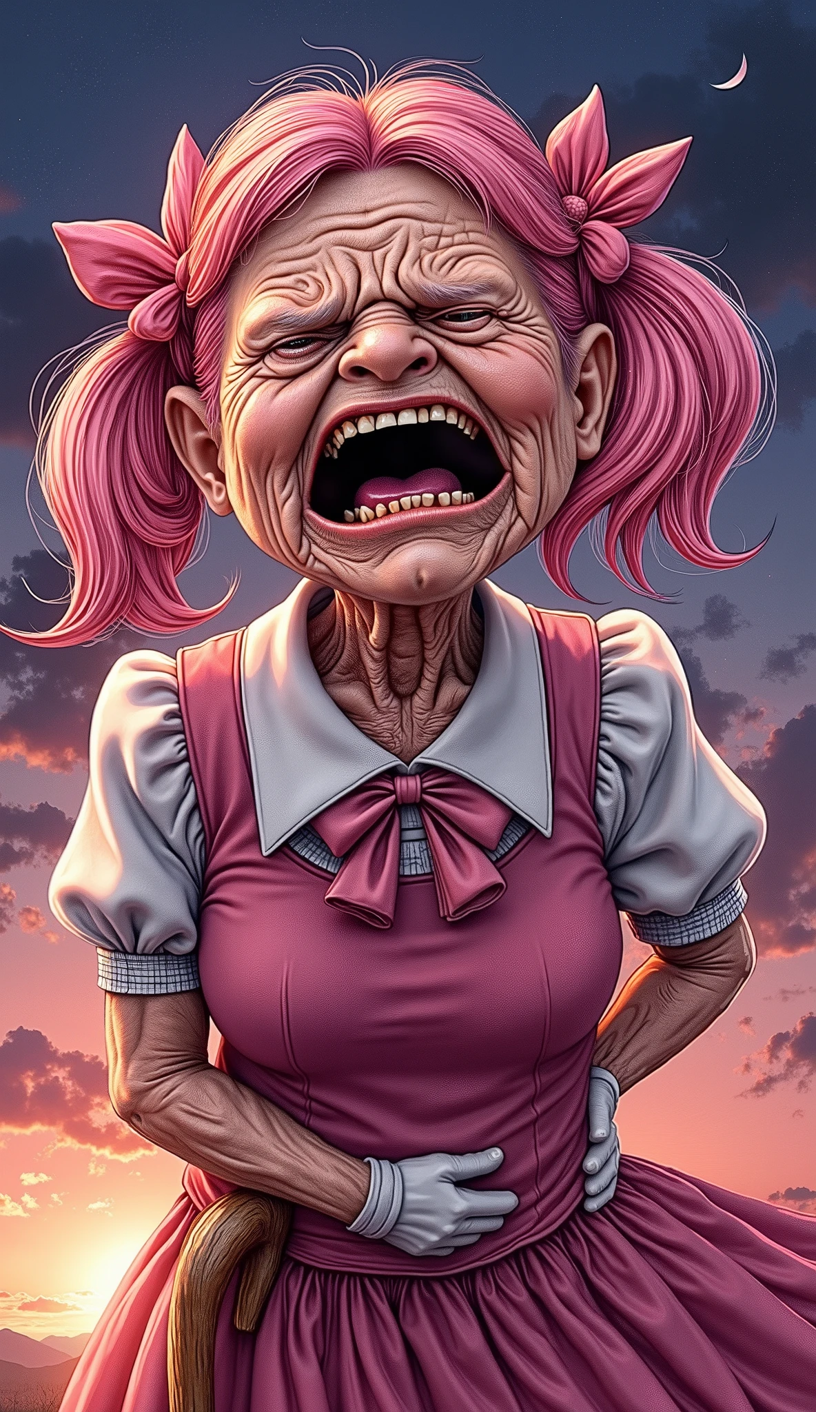 (elderly woman:1.5), (magical girl:1.2), short hair, ribbon, twintails, hair ribbon, pink hair, pink eyes, short twintails, micro skirt, gloves, dress, bow, choker, puffy sleeves, white glove, bubble skirt, frill, (Leaning forward:1.2), Sunset, dark sky, Her wrinkled face scrunches up in pain, eyes half-closed, as she presses one hand against her lower back, the other gripping a wooden cane for support, vibrant shading, exaggerated expression of discomfort, bold outlines