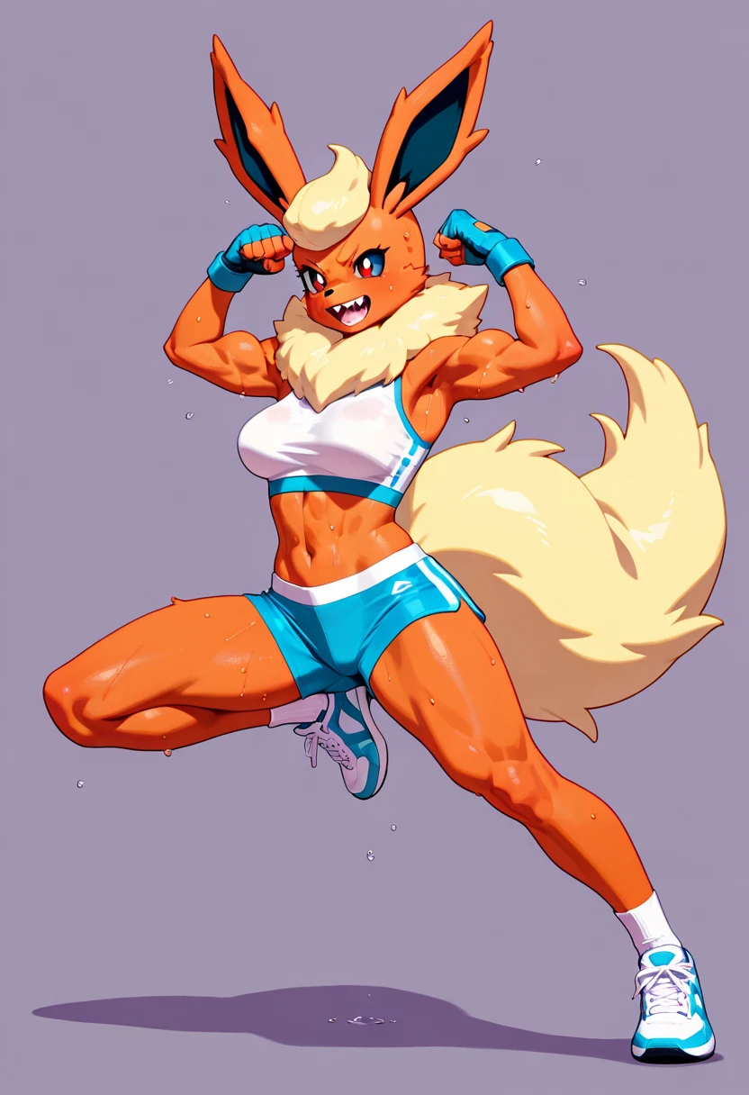 Excited expression, 1girl, anthro, furry, fur, fluffy fur, flareon girl, yellow hair (red highlights), black sclera, white eyes, pony tail hair, Messy hair, (19 years), medium breast, thicc thighs, solo, (gym), detailed, smug smile, white sports top, white sport pants, (sweating), (wet clothes), see-through clothes, standing_split, score_9, score_8_up, score_7_up, score_6_up, score_5_up, score_4_up
