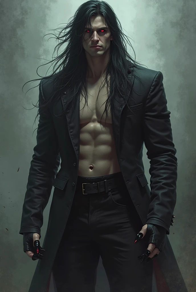 

Tall male in the age range of 25-40, with long, dark and wavy hair, and a strong athletic  physique. Fair skin, athletic build, and pale or white colored eyes. Extremely sexy and hot, attractive. A black and gold velvet outfit, although not very protective, probably expensive-looking, with a permanent and thick black shadow aura surrounding him. The aura is very strong and people can touch it. 