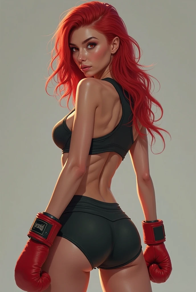 ((best quality)), ((masterpiece)), (detailed), beautiful redhead, crouching woman with legs apart, has a tattoo with the inscription "ERO BULL", full body
