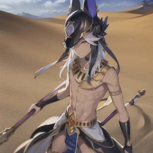 1boy, Cyno, Keeping a staff, Anubis a, animal hat, pagne, Cheveux platine, yeux rouges, Regarder le spectateur, serious, Anime, Professional light sand, Detailed face, Tir de cowboy, crawling in sand, sexy pose, horny, semen all over the body