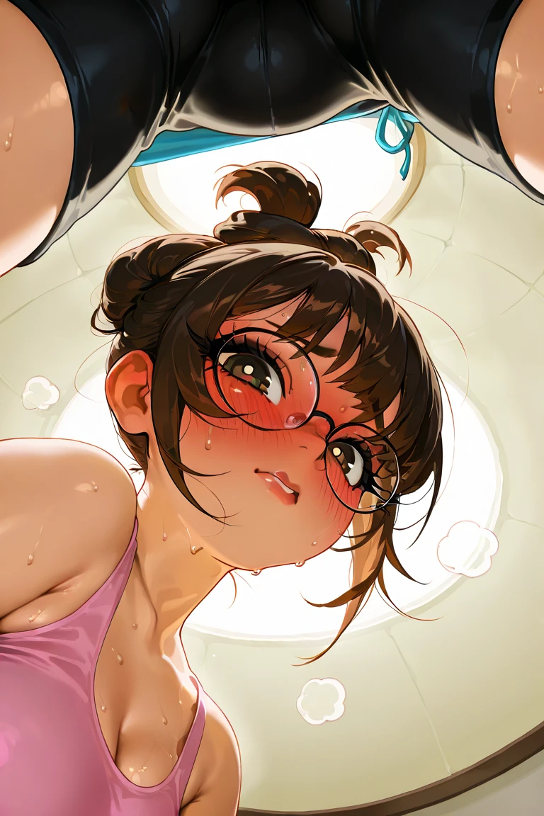 Beautiful women,detailed face,happy smile,wet,show tongue,wet look (Best quality:1.2),Extremely detailed,(photorealistic:1.37),chubby cheeks,Bright colors,studio lighting,sharp focus,glasses,nude body,nude body, pussy,spread legs, flat torso, bukkake on the face, cum on cheeks, Ride on Dick, chubby , flat chest girl,