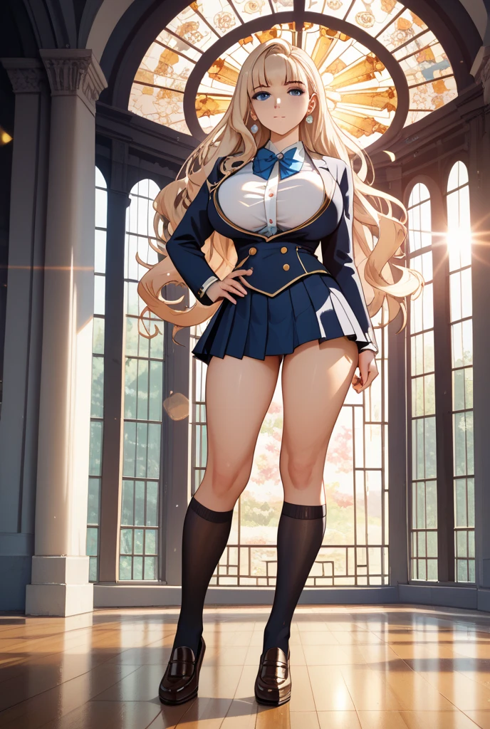 a college student with long curly blonde hair,blue colored eyes,fine lips ,Round face,wearing a dark blue suit and gray pleated skirt in a private school style,huge breasts with cleavage,wide hip,white socks up to the thighs,wearing red tennis shoes,popular girl,university corridor setting