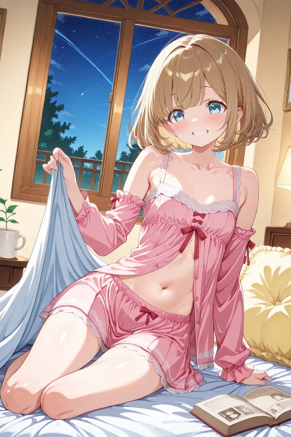 beautiful illustrations, highest quality, pretty girl, 1girl, Bedroom, pastel colour, (two-separated lingerie), wavy bob cut, floral ornament, cute lingerie, bright lighting
