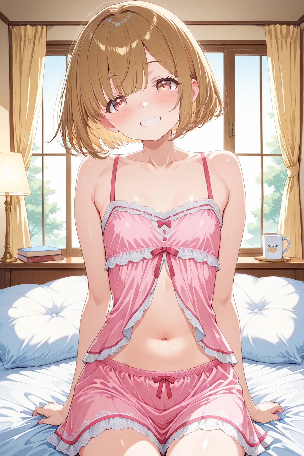 classroom,1girl, kinomoto sakura, solo,white panties,white strapless bra, green eyes, pussy, brown hair, , short hair, navel、flat chest,blush,,antenna hair,closed mouth,,looking at viewer,,smile,arms behind back 