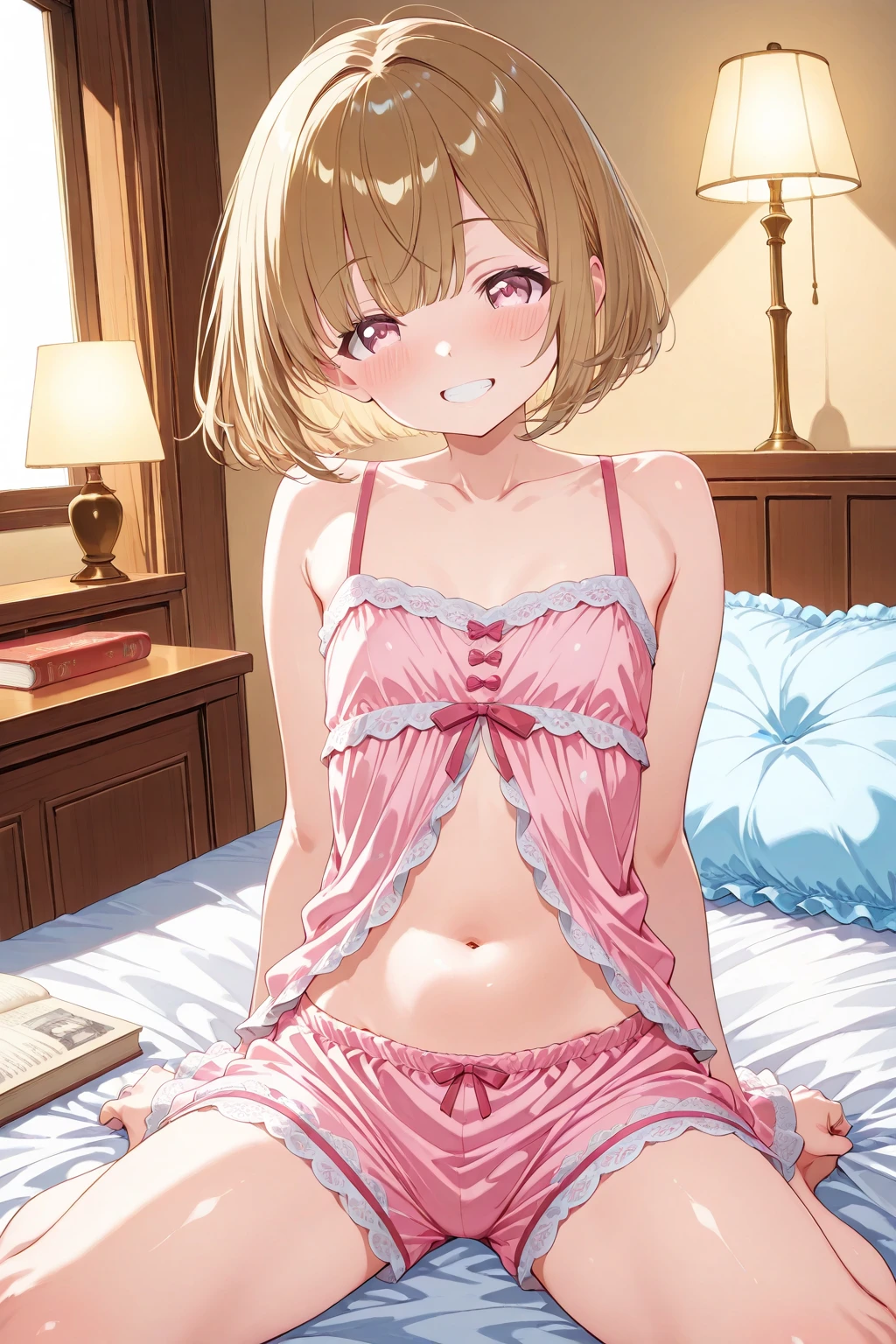 masterpiece,Highest quality, Very detailed,One girl(Sakurai Momoka, Nice small breasts, Wavy Hair,Blonde, head band, Pink flowers in the hair,Green Eyes, Half-closed eyes), Seductive face, Lips parted, nose blush, blush, In-person audience , View your viewers, alone, In the bedroom,  at night, Are standing, Seduce your sexy waist  (panties), (bra), (In underwear), (Flashy underwear), (lingerie), From behind, Butt,,((Flat Chest, Small breasts, flat chest)),Camel Toe, smile