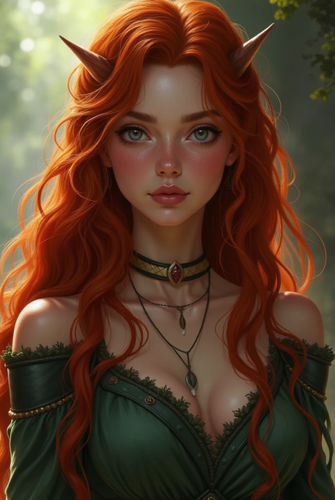 a woman with long crimson hair, intricate Green lingerie, beautiful detailed eyes, beautiful detailed lips, extremely detailed face, longeyelashes, elegant pose, graceful movement, breathtaking, detailed and realistic, oil painting, dramatic lighting, warm color palette, cinematic composition, masterpiece, 8k, high quality, poison ivy, freckles on breasts, freckles on face