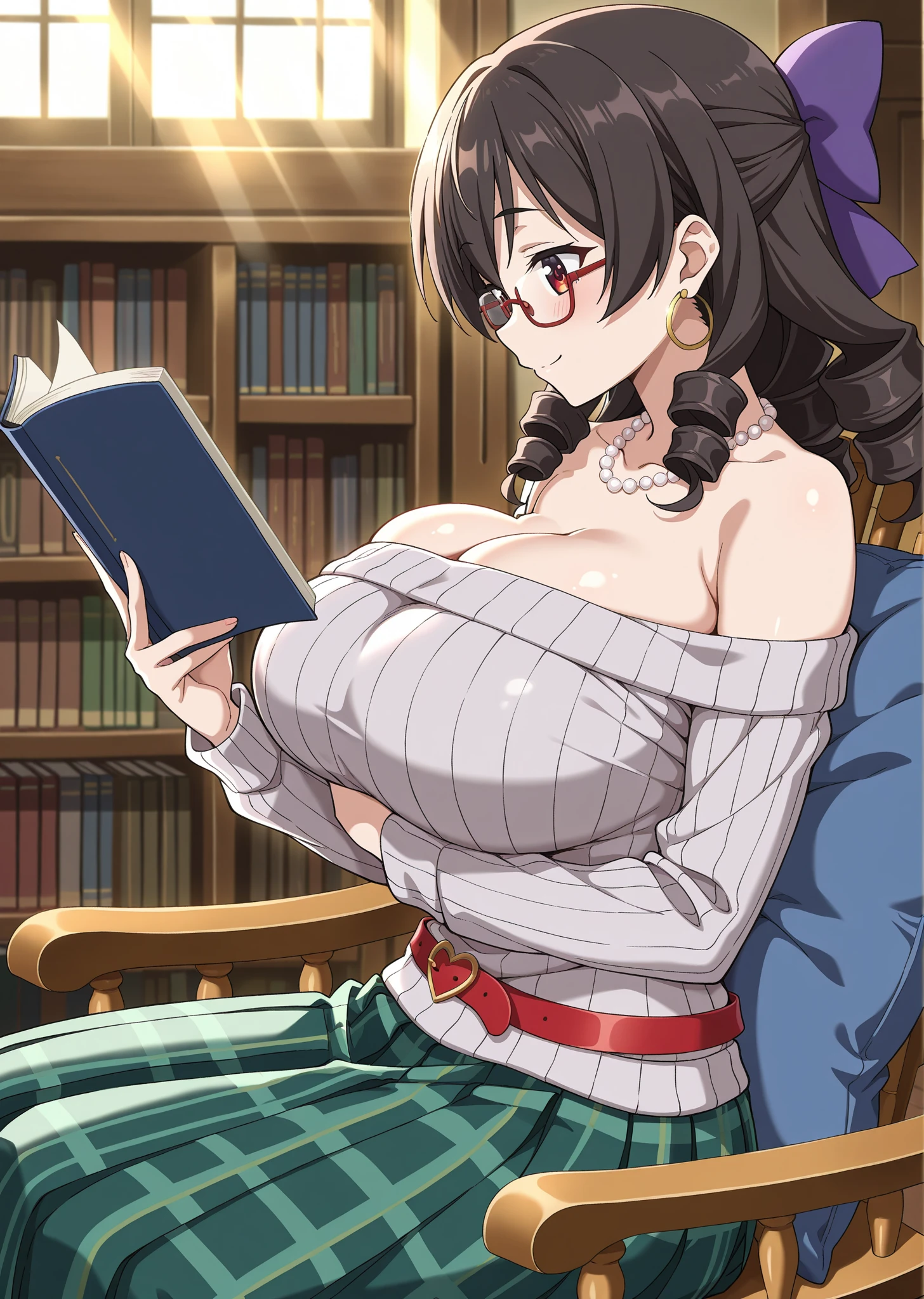 (library)、Super detailed illustrations、Super precise expression、masterpiece、highest quality、ultra high resolution、high resolution、(Sweat、body fluid)、shiny skin、(black hair、long hair、Braid、glasses)、Standing picturehands behind, wearing bikini