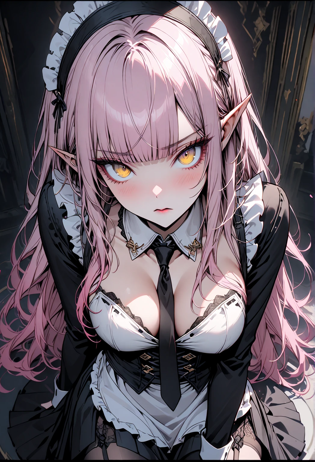 high détail, work of art, dramatic lighting(absurderes, high resolution, ultra detaild), extremely detailed 8k CG unit. innocent face, adult Woman, Woman, innocent Woman, elf, piercings, long pink Hair, (pink hair), fangs, blue eyes, modest white clothes, smilling, whole body, sitting on the ground, 