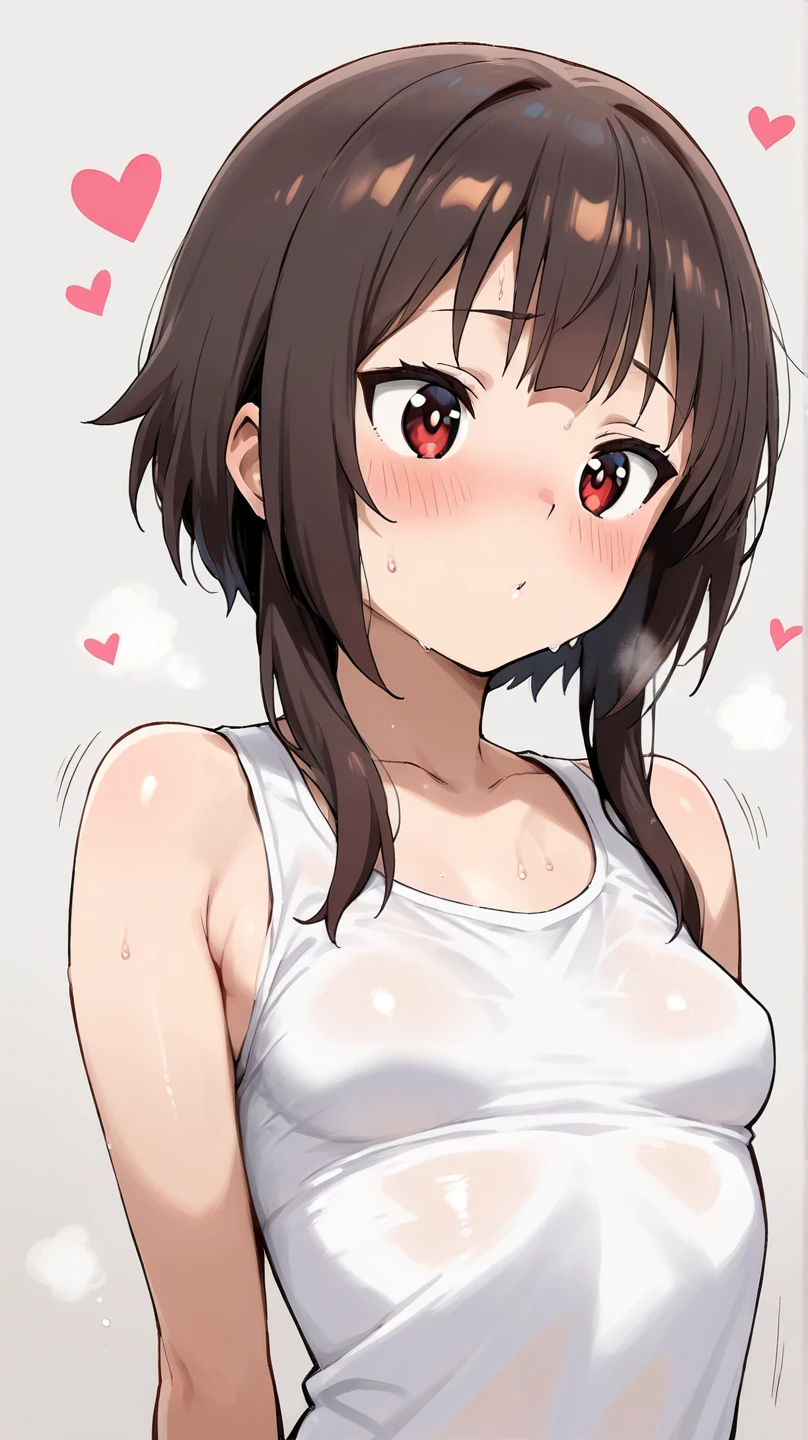 アニメ,One woman, 23 years old,bed_Sheet, blush, chest, chestの谷間, clavicle,  Red eyes,Slender figure, 形の良い大きなchest, belly button, Light Brown Hair, Medium Hair, On all fours, alone,Crop T-shirt,White panties,Dynamic Angle,Simple background