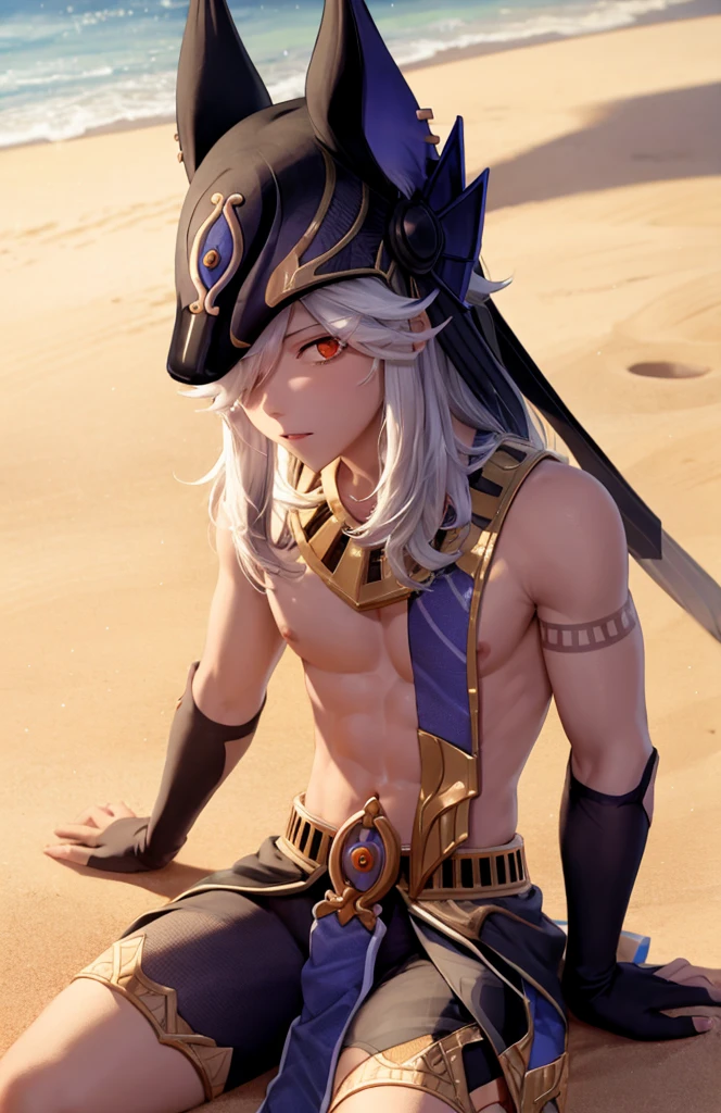 Masterpiece, best quality, cyno (genshin impact), 1boy, dark-skinned male, male focus, dark-skinned, animal hat, jackal ears, solo, long hair, sitting, sand, hair on one eye, holding, black headdress, hat, black shorts, shorts, (kbxll:0.6), (nsfw:1.5)