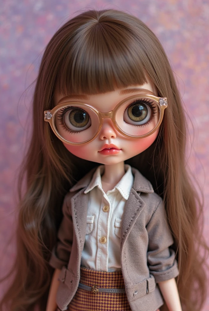 Blythe doll, short red curly hair, without pompadour, black glasses and brown eyes