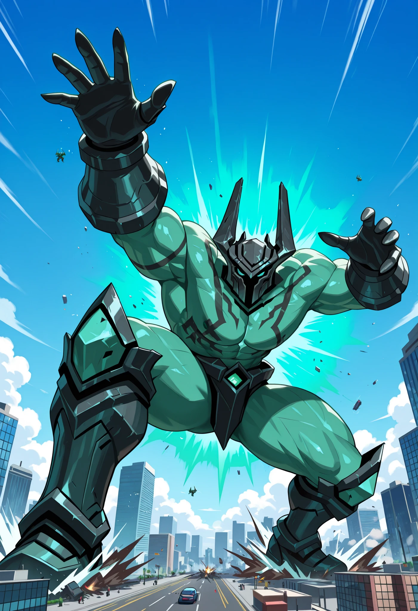 mordekaiser, green skin, pentamorde, tattoo, (macro in miniscule city), causing destruction, dynamic pose
