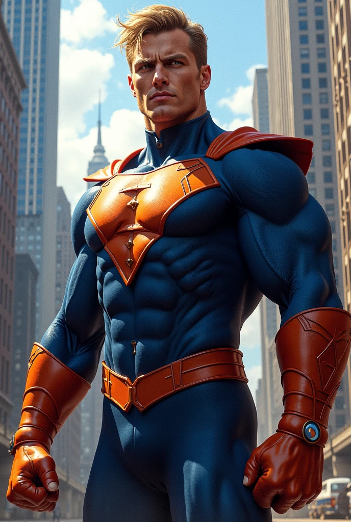 Arafed man in a superhero costume standing in a city, muscular male hero, 3 d render arte do caractere 8 k, superhero body, epic comic book style, inspirado em Ryan Barger, personagem de quadrinhos, super buff e cool, hero pose colorful city lighting, trending on ArtStation:3, unreal motor render saint seiya, obra-prima artstation
