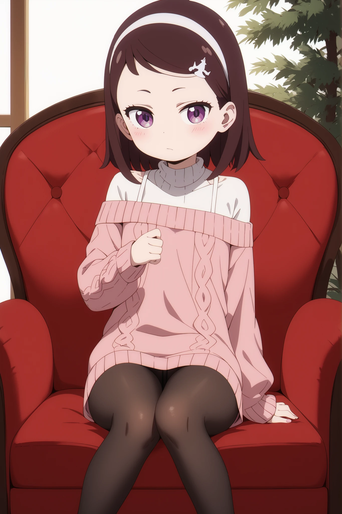 Becky Blackbell, Brown hair,headband tree in the hair,short red off-the-shoulder sweater, black pantyhose, sitting in a red armchair