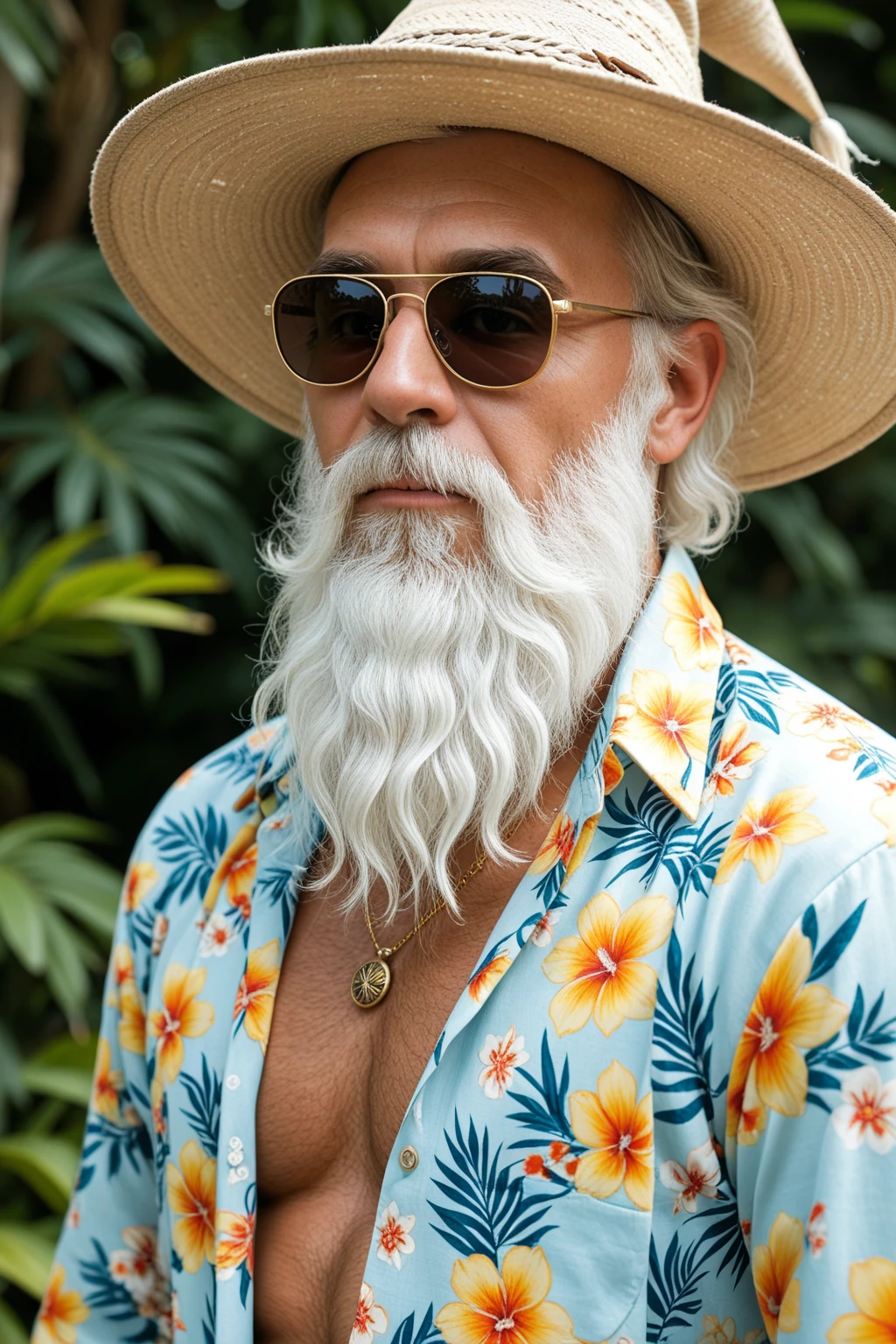 An old wizard with a white beard and sunglasses wearing an aloha shirt