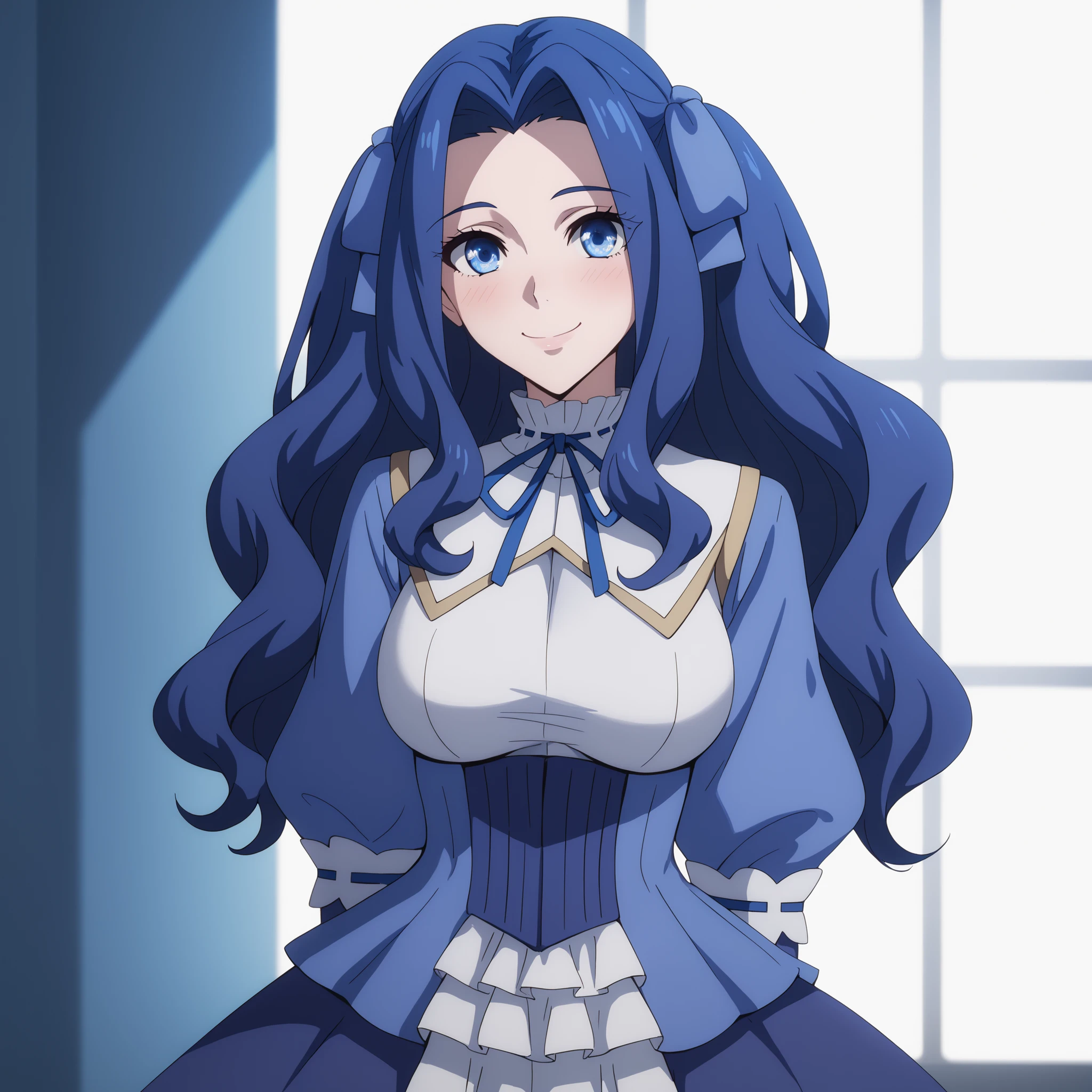 Melty Q Melromarc , SeaArtai masterpiece, loose hair. detailed blue eyes ,shy and nervous smile,, would throw detailed and sexy dark blue, curvy figure and big breasts, Background a real room . warm and soft lighting, highlighting the reflections in her skin and hair. anime-style, ultra detailed, high quality art, 4k, soft shadows and vibrant light effects, (pechos grandes), big round butt. Hello girl. hands at your sides.
