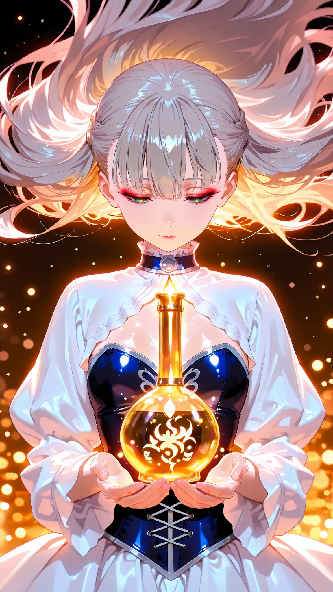 {{Masterpiece}}, Best Quality, Ultra Detail CG Unity 8k wallpaper, movie lighting, lens flare, beautiful detail eyes, black, side eyes, multicolor hair, colorful light, particles, heterochromia, (colorful:1.5), (colorful hair:1.5),glasses