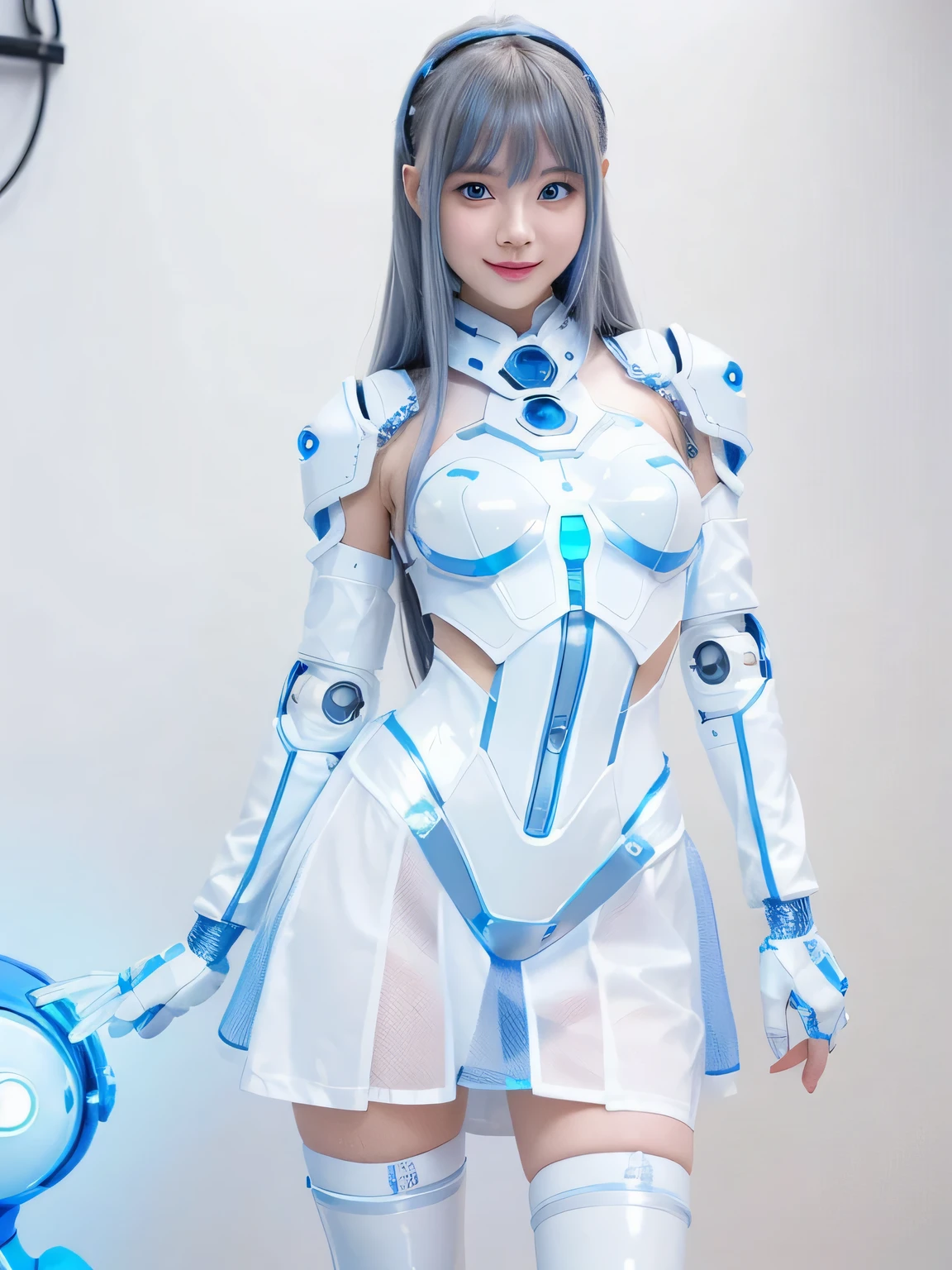 ( Highest Quality, high definition, masterpiece:1.2), details, exists:1.37, ( Perfect Anatomy), 1 girl on break day, cowboy shot, pretty and beautiful fair-skinned female idol, ,Transform into a cute android, Standing Position ,great smile, (lighting blue LED eyes:1.3), (detail futuristic super tight blue PVC cute gynoid plug suits and skirt futuristic design boots:1.2),beautiful eyes on my stomach, beautiful skin, , Complex Hair, Metal Necklaces ,futuristic hair accessories, charming idol makeup , long silver hair,bungs,Moe pose,Cyber Lab