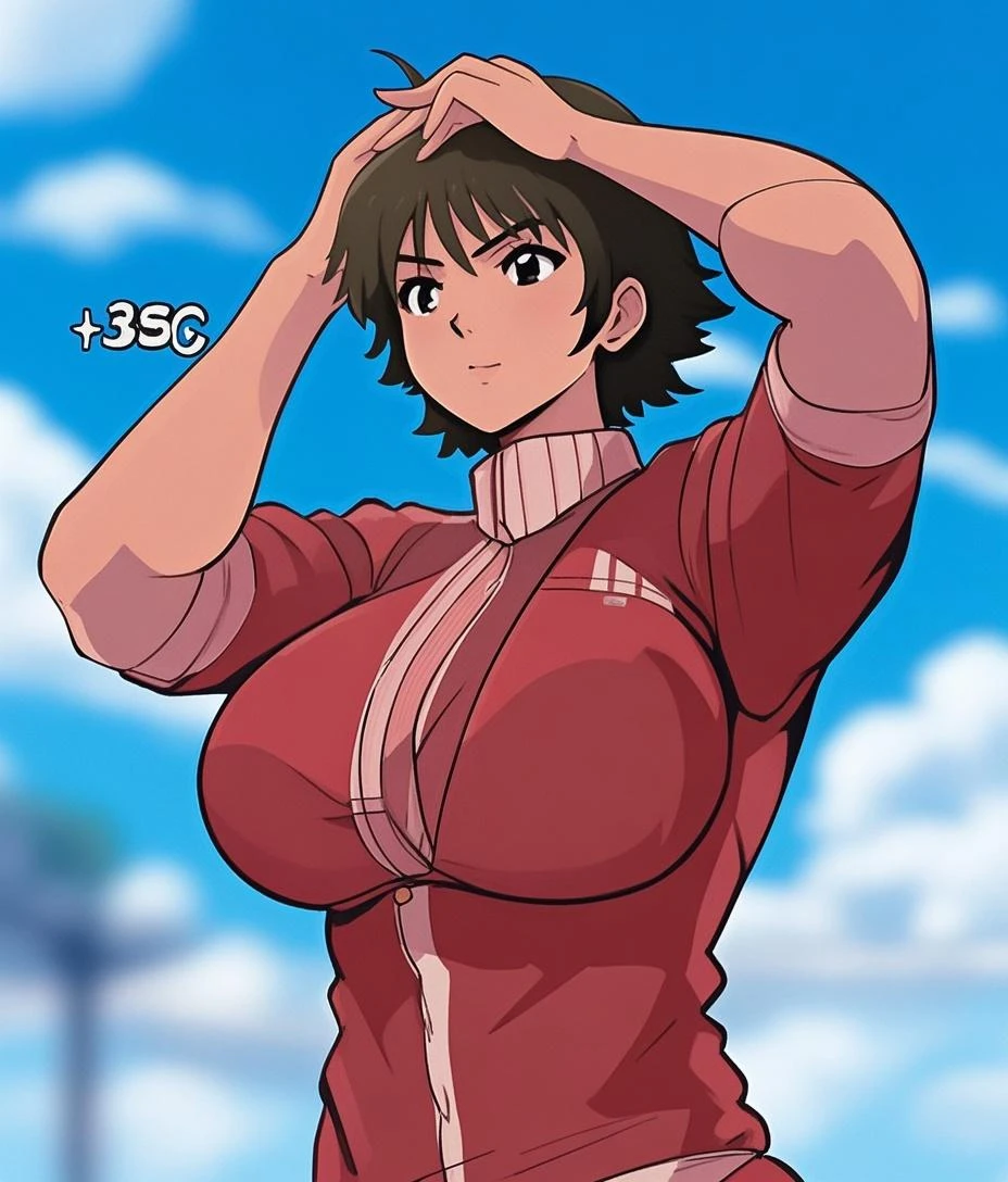 looking at the camera、When I Look at You、lookatviewer、Anime Style、Eroge、1 Girl, (Huge breasts:1.5)、((Light grey long sleeve T-shirt))、Low Angle、Brown haired, hair band、Bob Hair、The forehead is visible、blush, bangs, Upper Body,Round Breasts、smile、whole body、(From before:1.5)