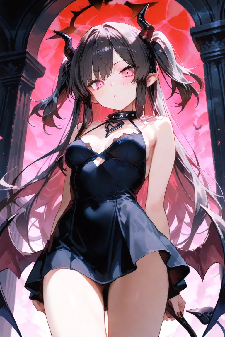 masterpiece, best quality, ultra-detailed, glistening shiny, glowing light, ray tracing, HDR, deph of field, (perfect face, detailed face), lucelia, very long hair, flat chest, black eyes, two side up, pointy ears, demon horns, demon wings , black dress, red skirt, layered dress, red thighhighs, necklace, armlets, wristbands, skirt lift, thong
