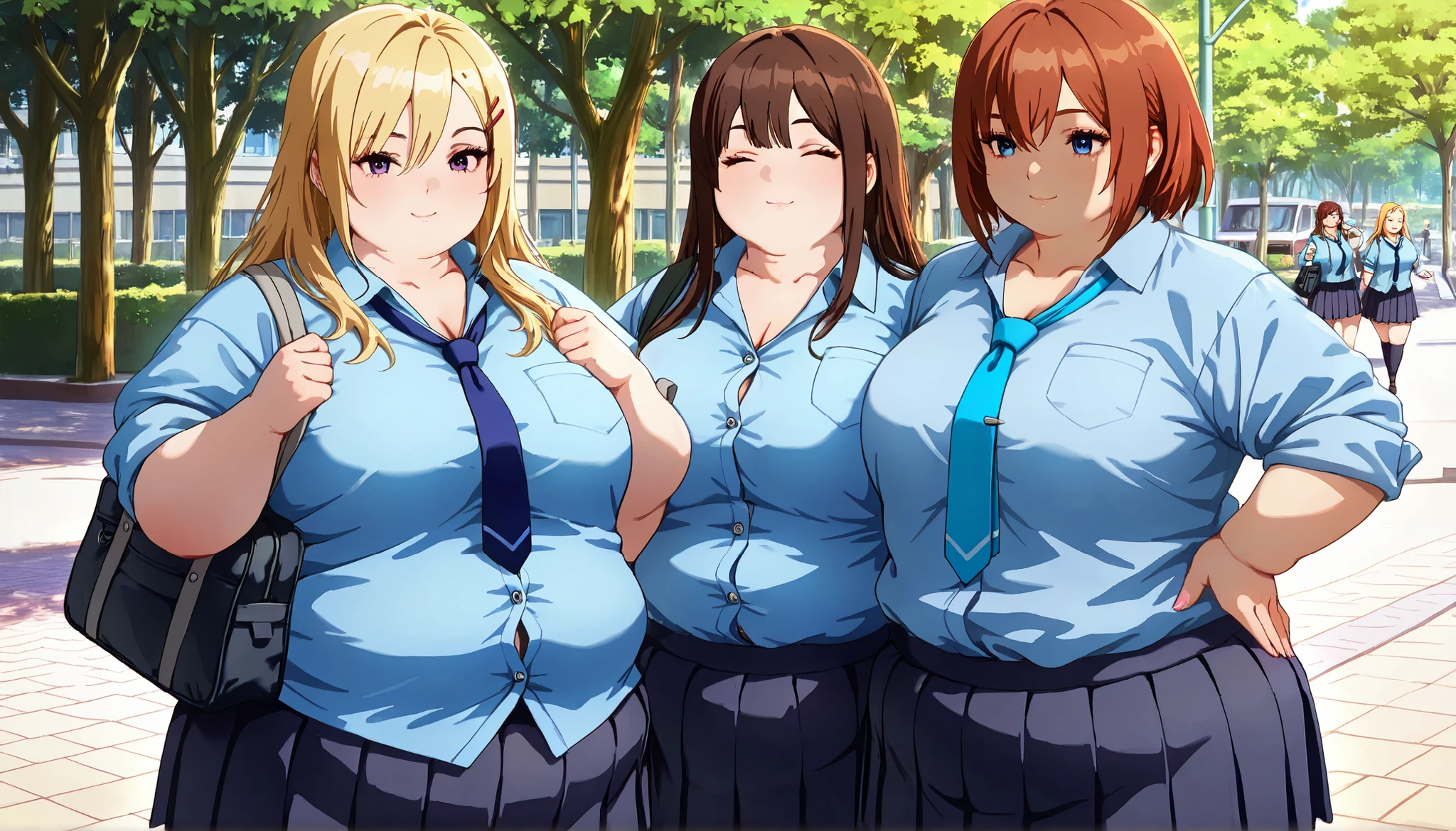 HDR, 8K, high contrast, masterpiece, best quality, amazing quality, very aesthetic, high resolution, ultra-detailed, absurdres, realistic, newest, scenery, score_9, score_8_up, score_7_up, group of young plump schoolgirls on a bright street happy to see each other, ((school uniform)), cute, light smile, blond hair, brown hair, redhead, long hair, short hair, ((chubby)), plump, ((fat)), ((round face)), (((double chin))), (((blue button down shirt))), ((collarbone)), (((tie))), ((rolled sleeves)), chest pockets, short dark skirt, shoulder bag street, park, detailed, realistic, (dickerchen), ((anime character)), (gyaru),