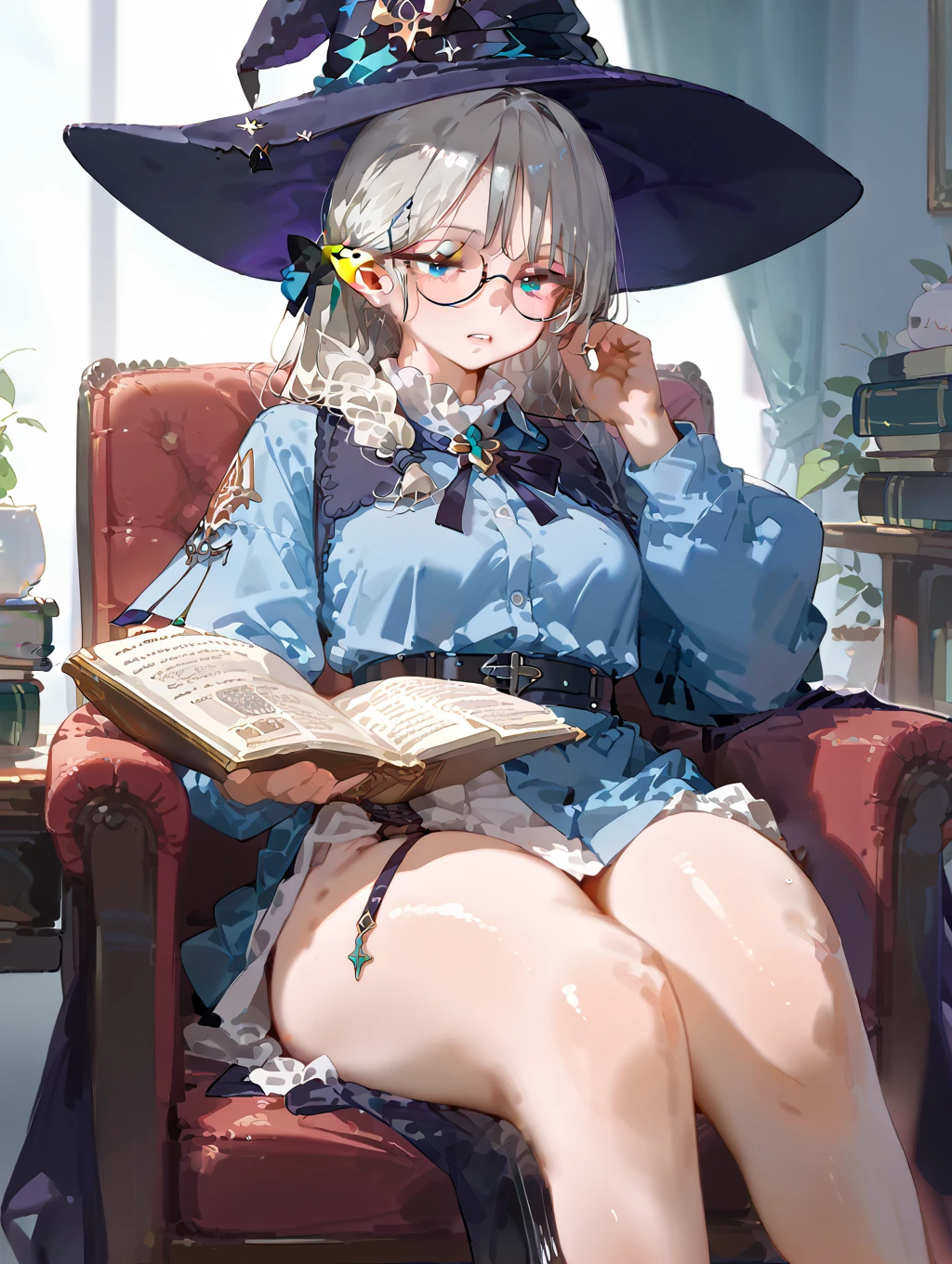 ((masutepiece)), ((Best Quality)), ((8K)), High resolution, 1girl in, Cat ears, pale skin, Large breasts, Green eye, Multicolored long hair, Twin tail, Library, smugness, Smile, sit backwards on a book, Glasses, Witch,