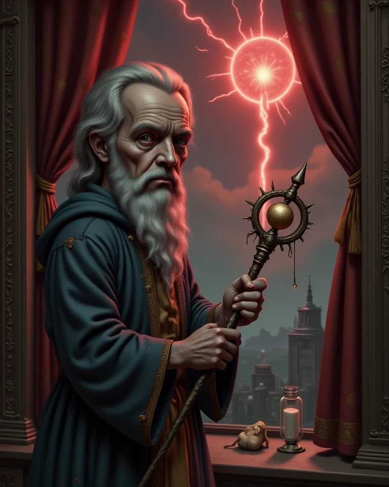 An old demonic catholic cardinal dressed in red, evil laug, piercing eyes, standing in a church
