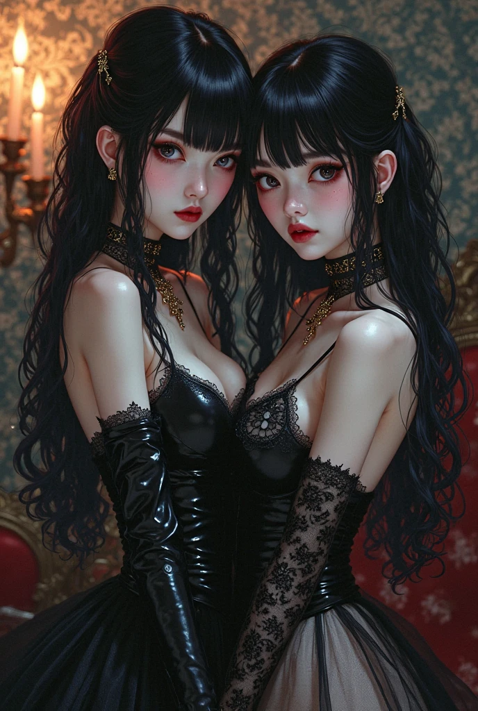 The highest image quality, pending details, ultra-high resolution, (真实感: 1.4), the best illustration, favor details, Highly condensed 1girl, with a delicate and beautiful face, Asian characteristics, long straight hair, Bblack hair, Fair Skin, eyes browns, lips, blush, breasts big, necklase, black gown, make up, black eyeshadow, red lipgloss stick, Um Vampiro, Grinning (best qualityer, ultra details, photorrealistic: 1.39), dark colours, studio lighting, romantic expression, seducer, dark scenery